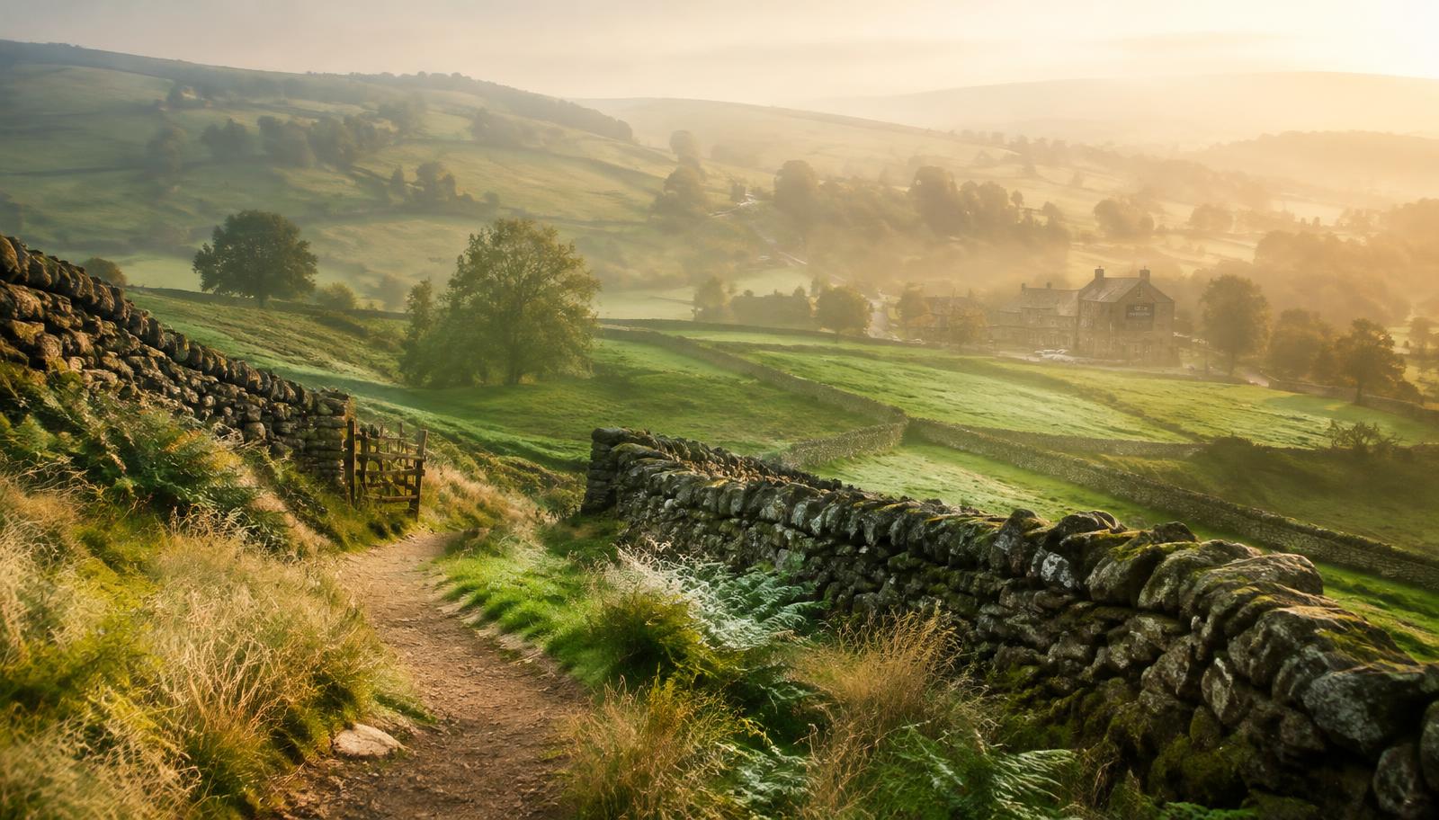 Countryside footpath between drystone walls leading to a farm in morning mist