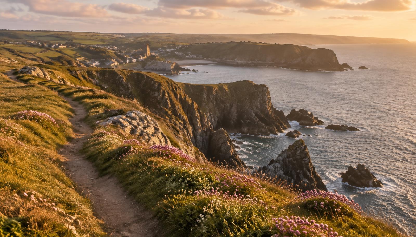 Clifftop coastal path with wild flowers and a village in the bay
