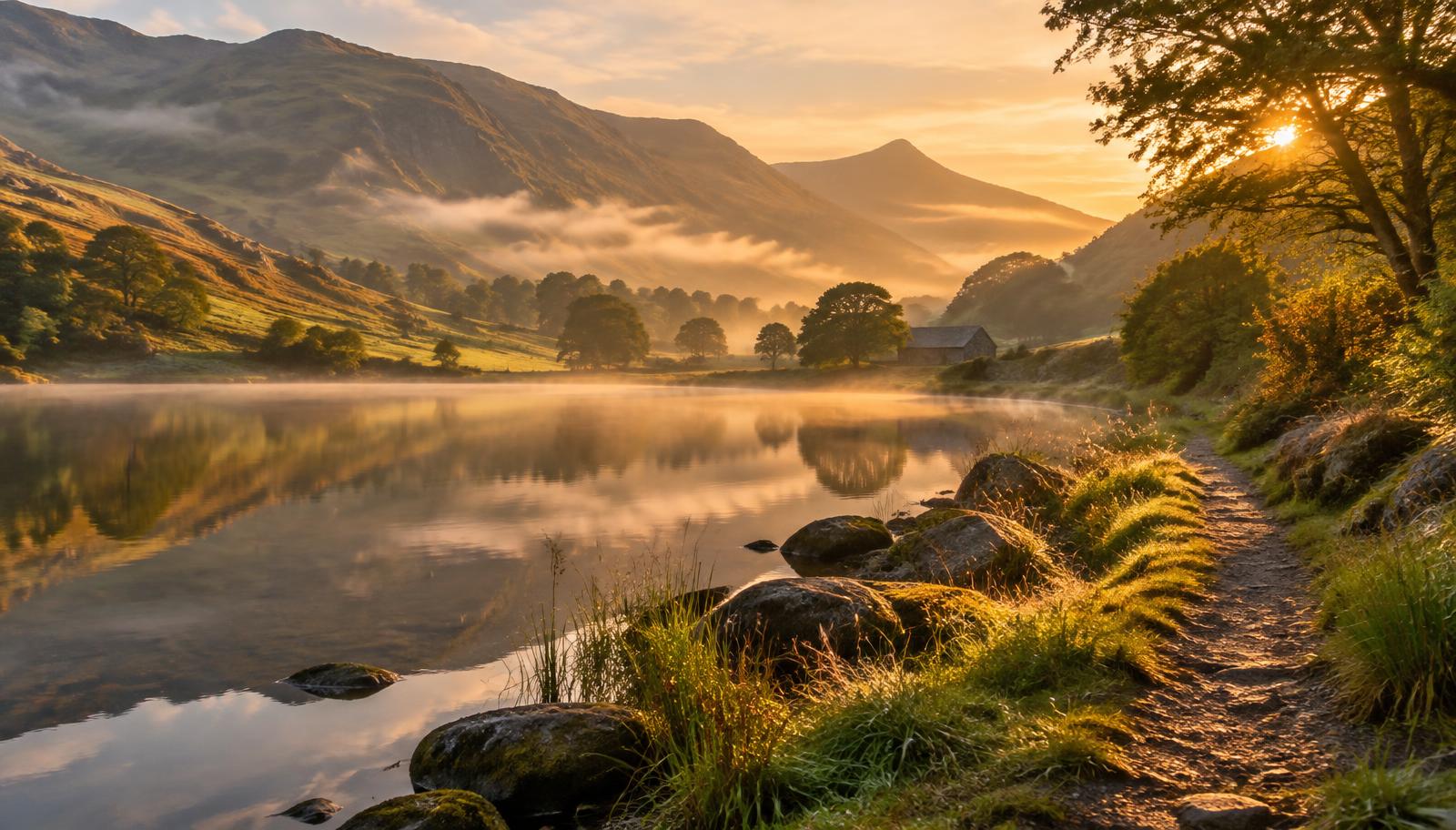 Lakeshore path beneath misty fells with a stone barn across the water