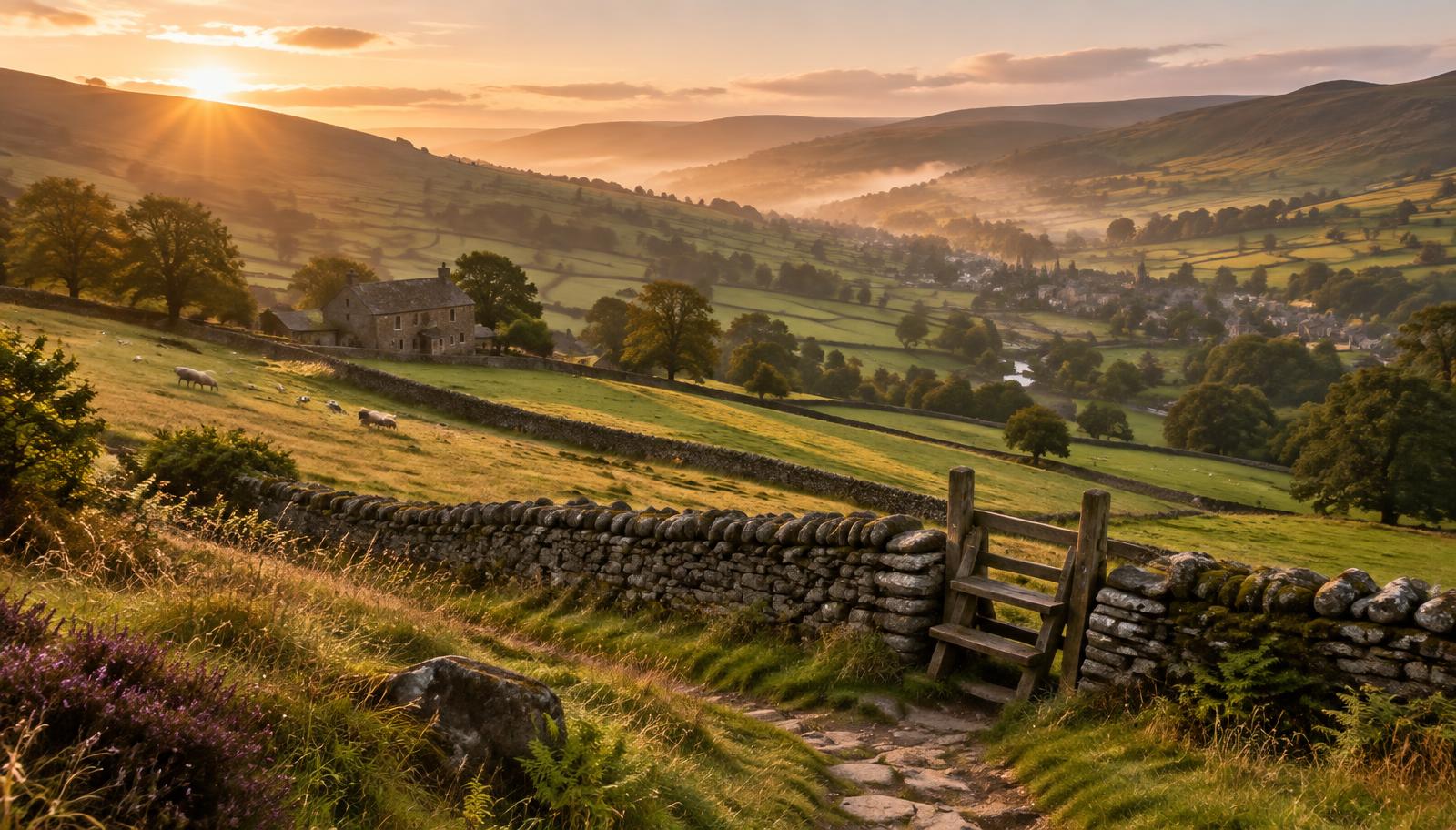 Sunlit valley footpath with a stile and stone farmhouse in the distance