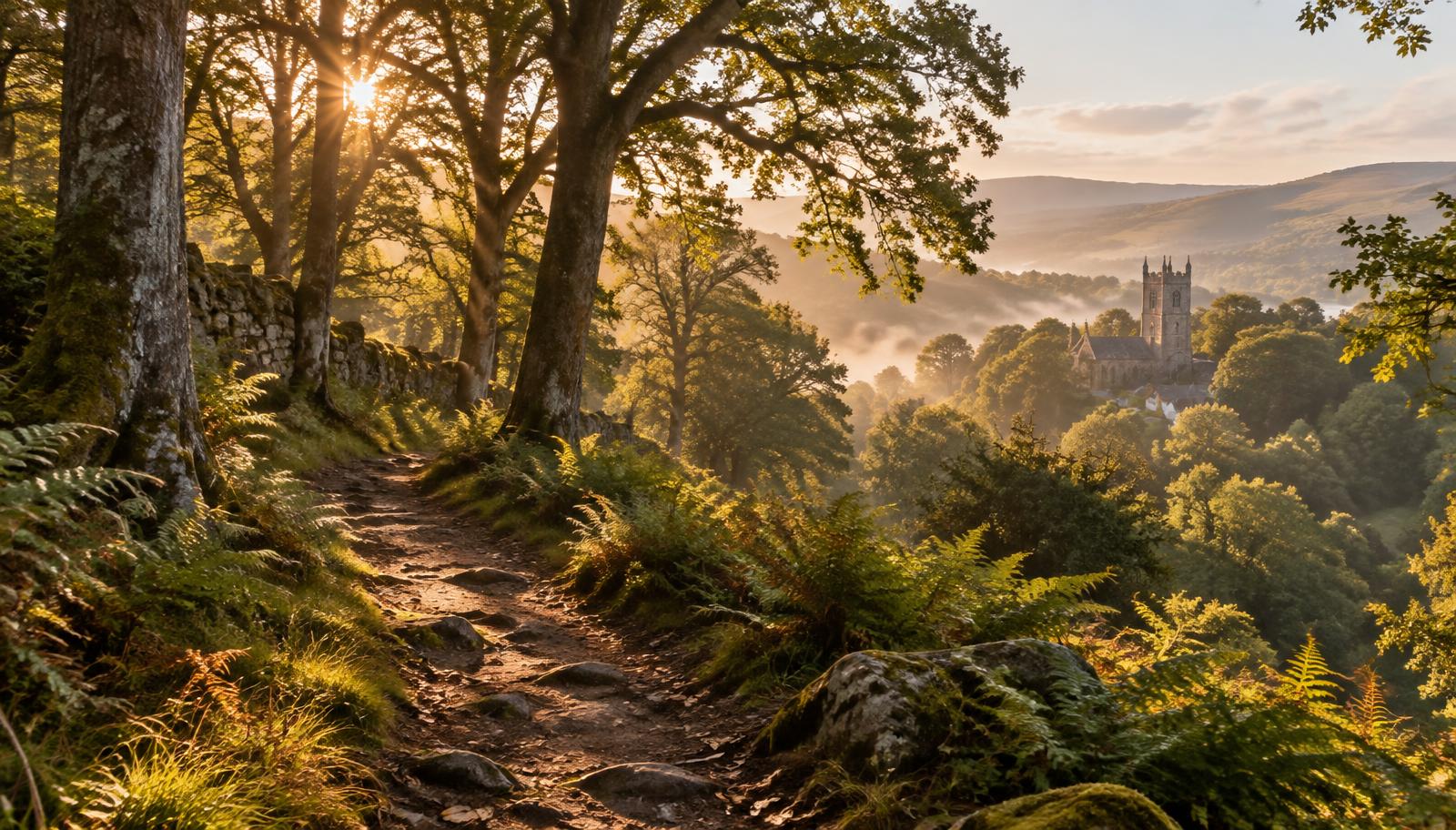 Woodland path in golden light with a church tower beyond the trees